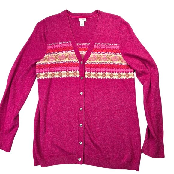 LL Bean Sweater Womens M Red Pink Fair Isle Floral Cardigan Button Front Preppy - Picture 9 of 9